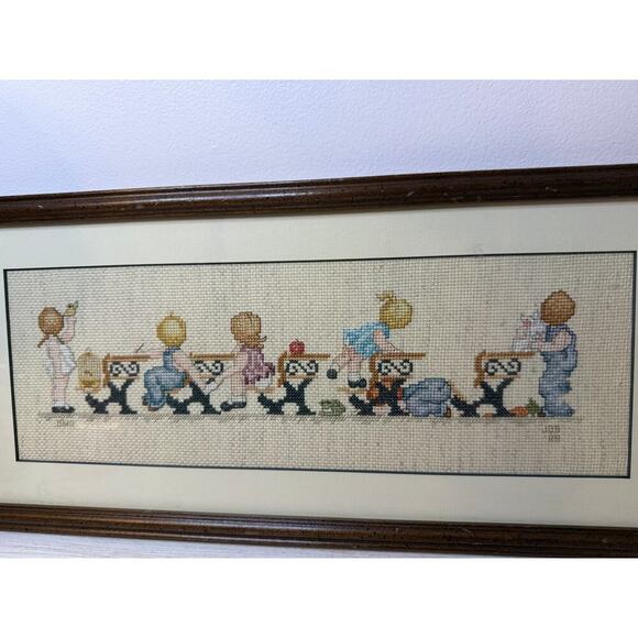 Vintage Framed Cross Stitch Classroom Homeschool Teacher 17.5Lx8W Cottagecore - Picture 2 of 8